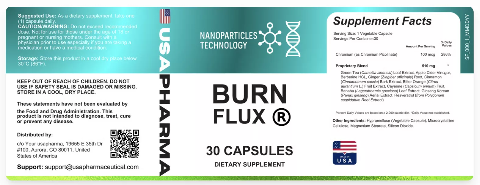 BURNFLUX supplement facts label showing chromium and proprietary blend
